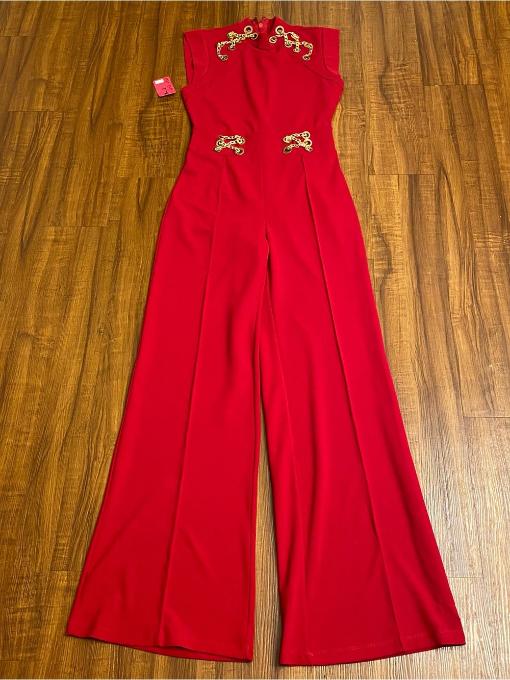 New Ladies Red Wide-Leg Jumpsuit with Gold  Chain Accent